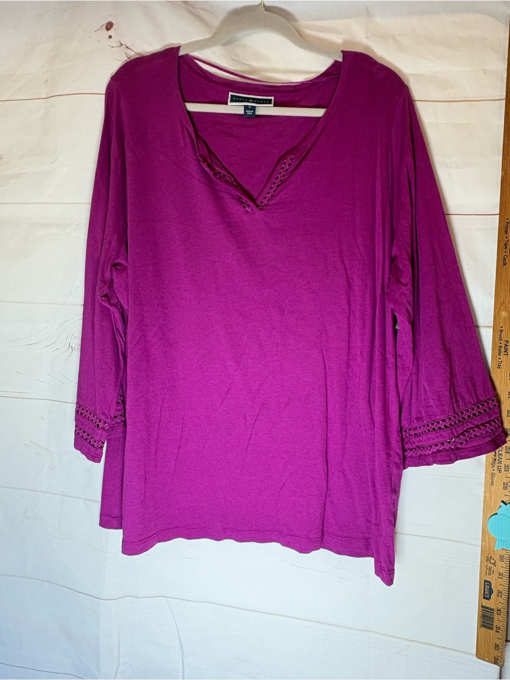 Karen Scott Crochet-Trim Long Sleeve Tee in Magenta